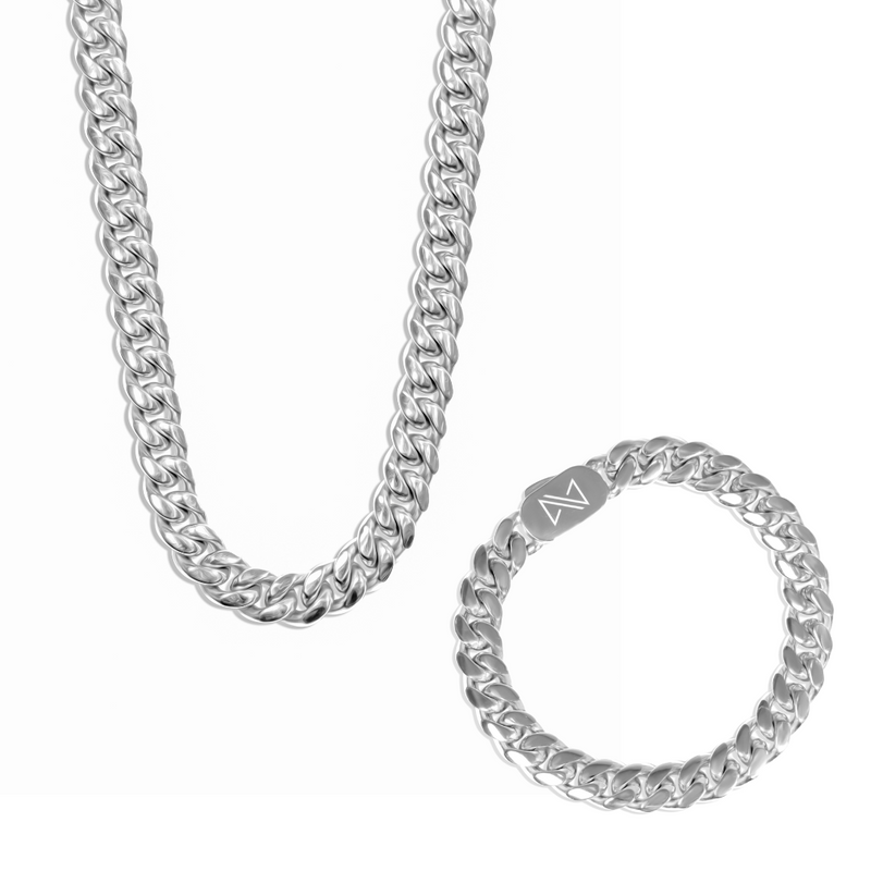 10mm Cuban Chain + Bracelet Set - Silver