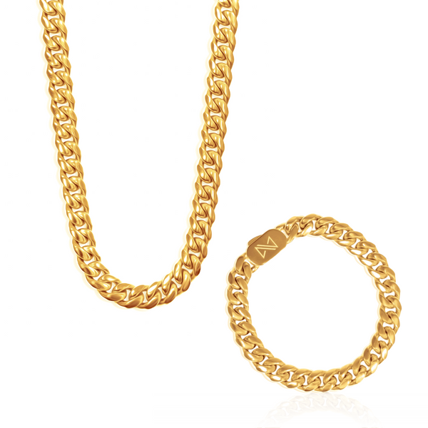 10mm Cuban Chain + Bracelet Set - 18K Gold