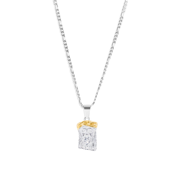 Two-Tone Jesus Pendant & 3mm Figaro Chain - Silver