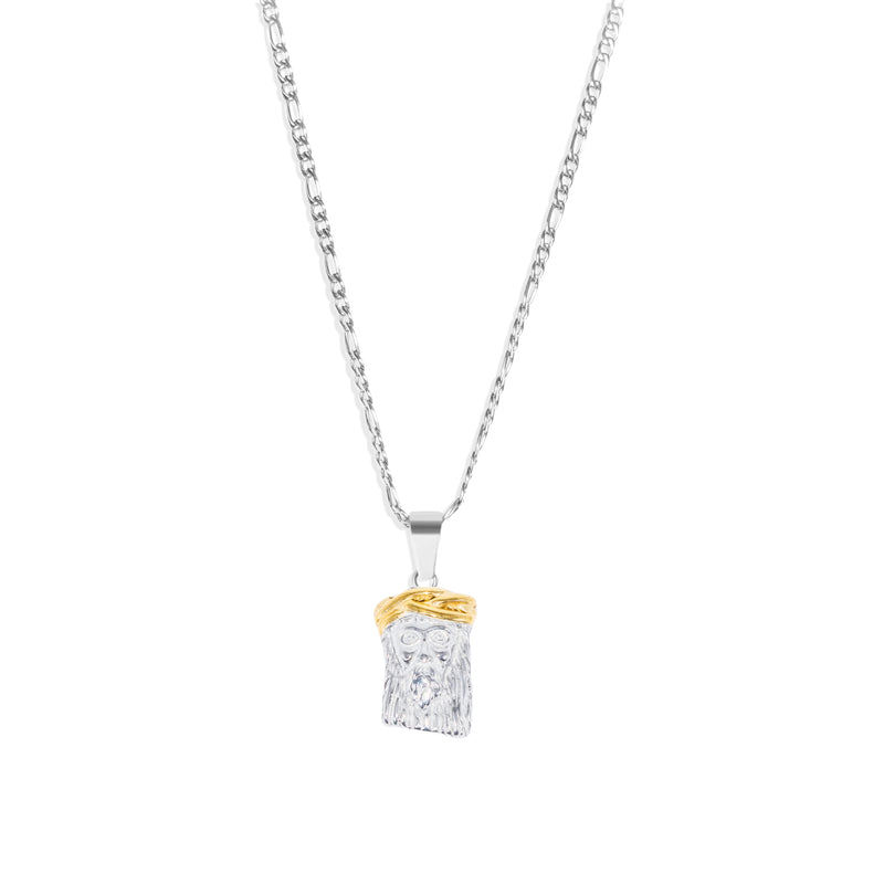 Two-Tone Jesus Pendant & 3mm Figaro Chain - Silver