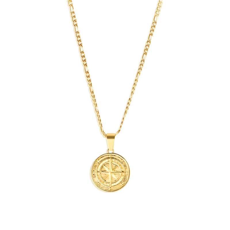 Compass Pendant & 3mm Figaro Chain - 18K Gold