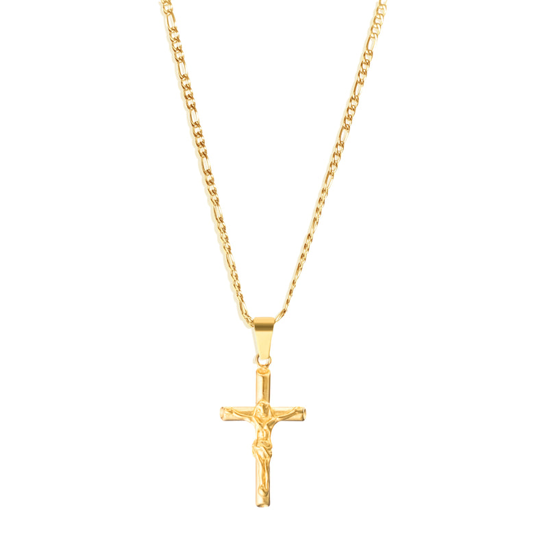 Crucifix Pendant & 3mm Figaro Chain - 18K Gold