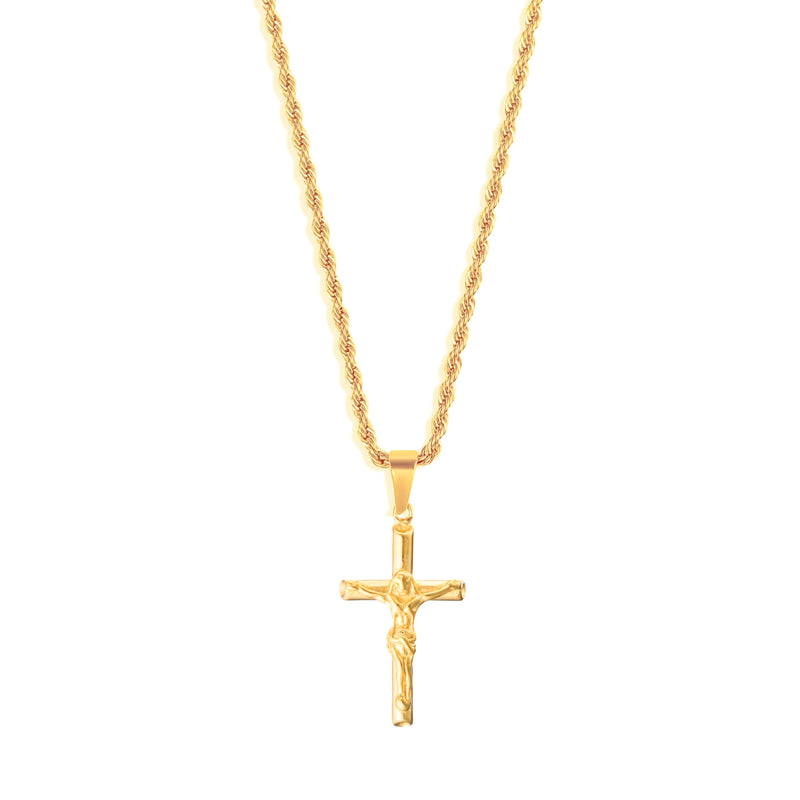 Crucifix Pendant & 3mm Rope Chain - 18K Gold