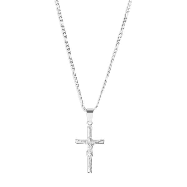 Crucifix Pendant & 3mm Figaro Chain - Silver