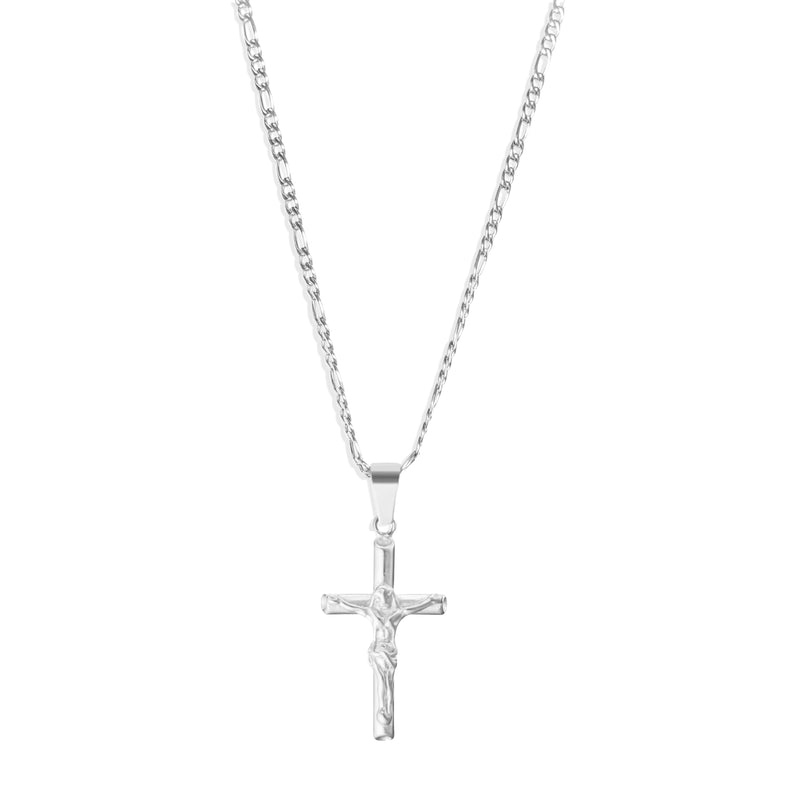 Crucifix Pendant & 3mm Figaro Chain - Silver