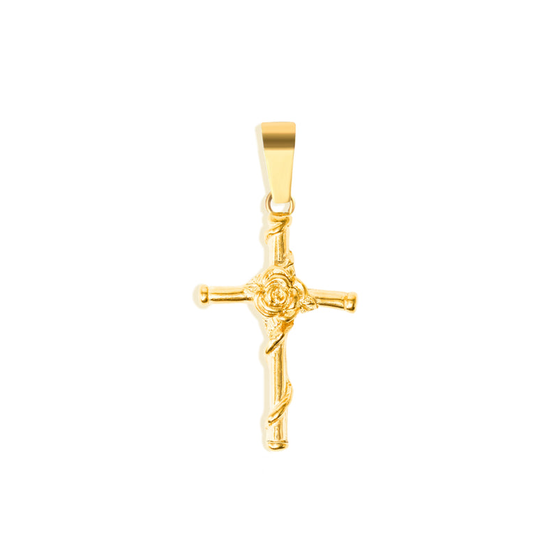 Rose Cross Pendant & 2mm Link Chain - 18K Gold