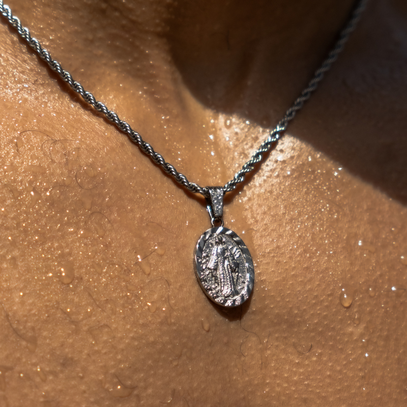 Virgin Mary Pendant & 3mm Cuban Chain - Silver