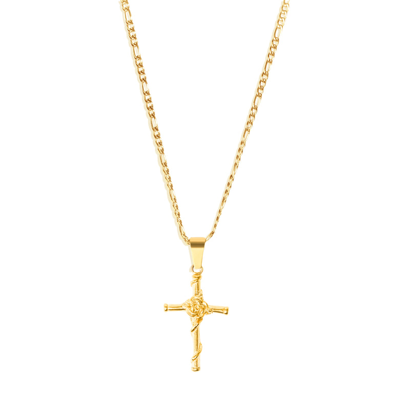 Rose Cross Pendant & 3mm Figaro Chain - 18K Gold