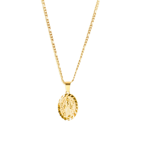 Virgin Mary Pendant & 3mm Figaro Chain - 18K Gold