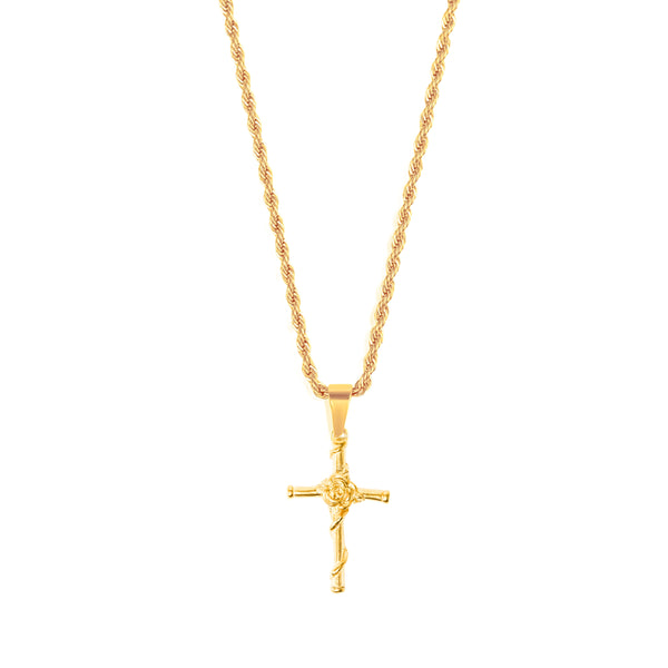 Rose Cross Pendant & 3mm Rope Chain - 18K Gold