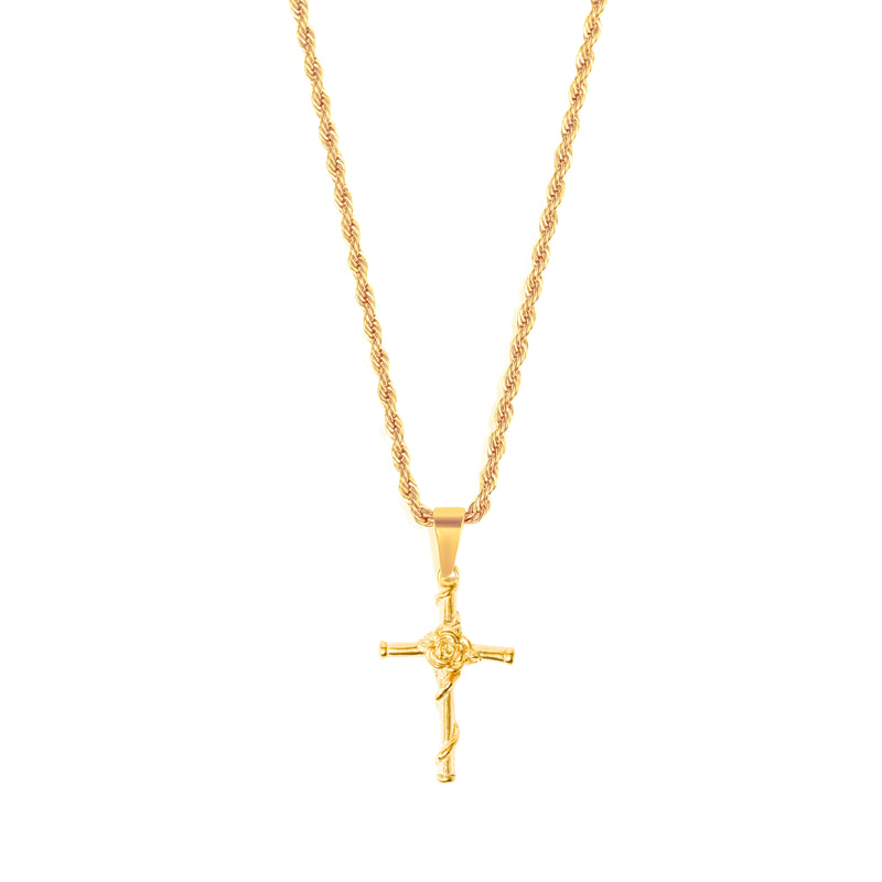 Rose Cross Pendant & 3mm Rope Chain - 18K Gold