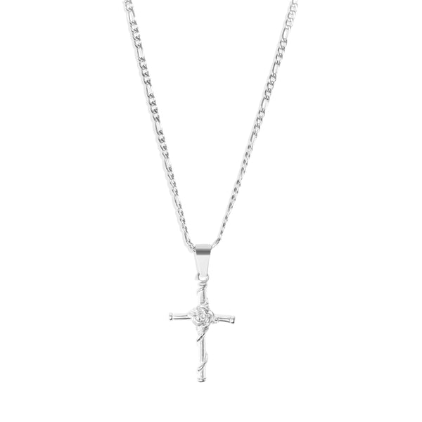 Rose Cross Pendant & 3mm Figaro Chain - Silver