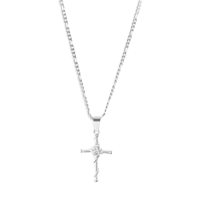 Rose Cross Pendant & 3mm Figaro Chain - Silver