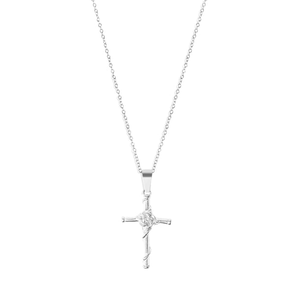 Rose Cross Pendant & 2mm Link Chain - Silver