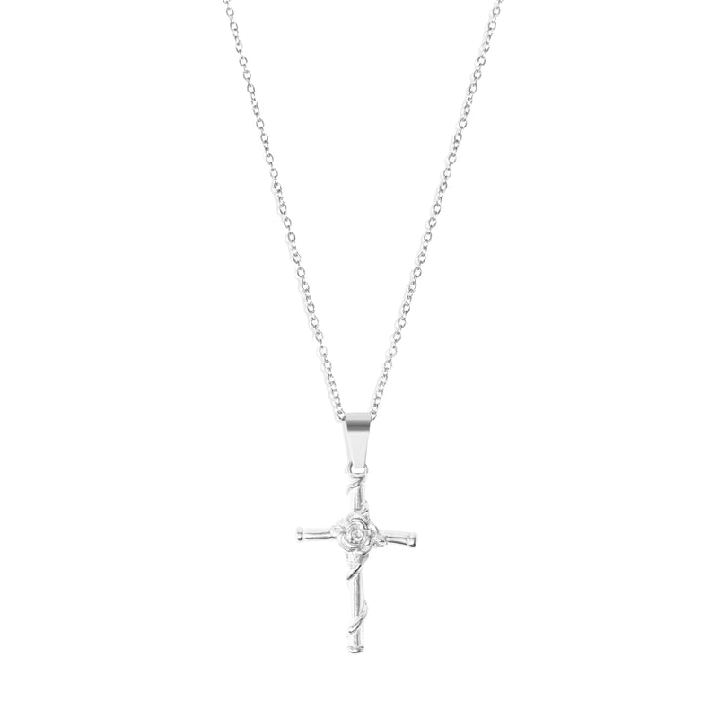 Rose Cross Pendant & 2mm Link Chain - Silver