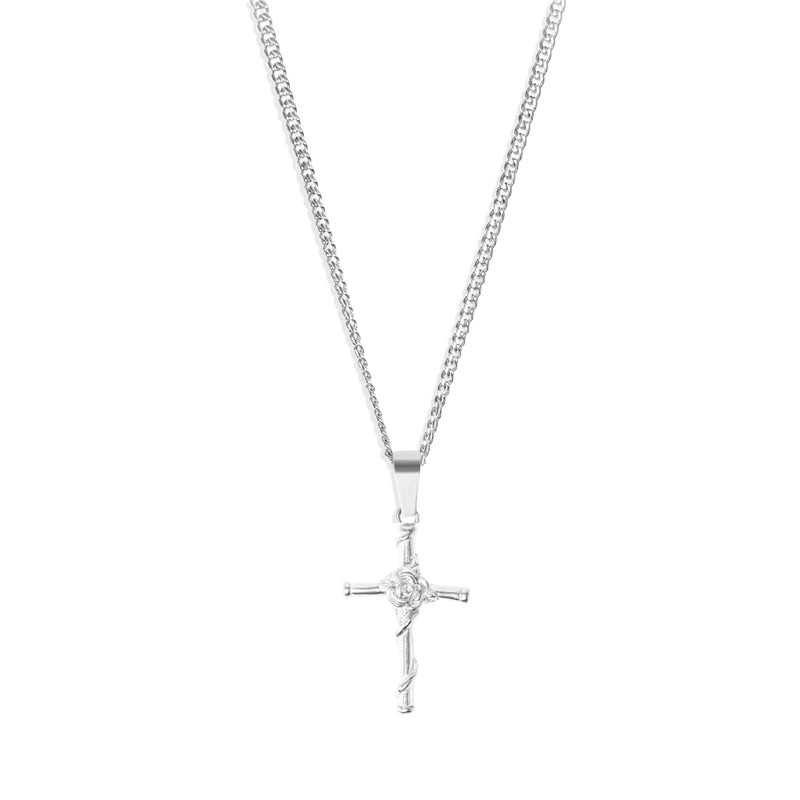 Rose Cross  Pendant & 3mm Cuban Chain - Silver