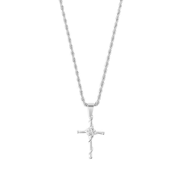 Rose Cross Pendant & 3mm Rope Chain - Silver