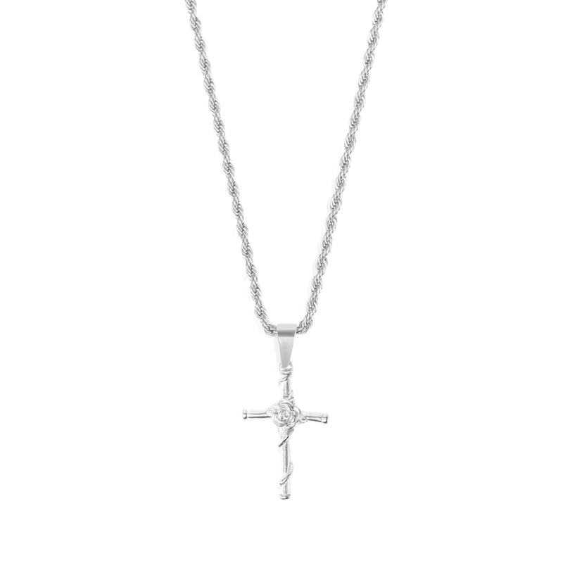 Rose Cross Pendant & 3mm Rope Chain - Silver