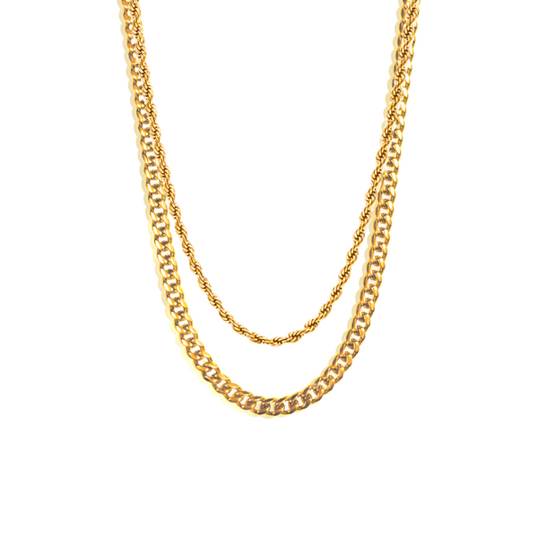 5mm Cuban Chain + 3mm Rope Chain Set - Gold