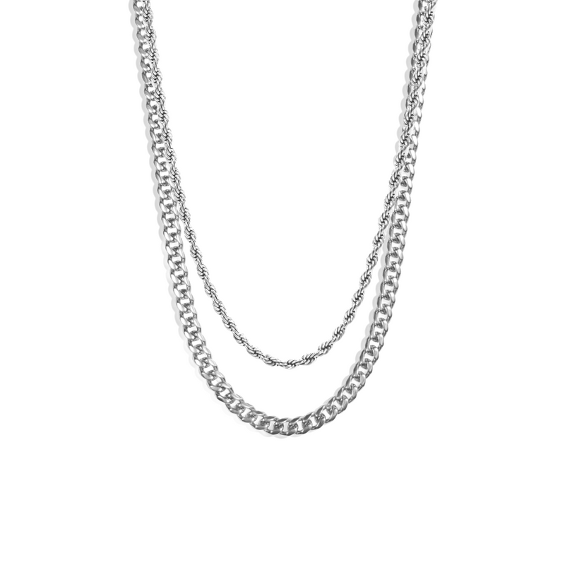 5mm Cuban Chain + 3mm Rope Chain Set - Silver