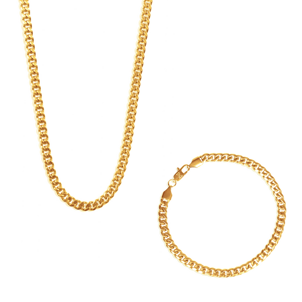 Diamond Empire Men's 8mm Gold Plated Tank Chain & Bracelet Set - 18K 750 Gold, Choose Length