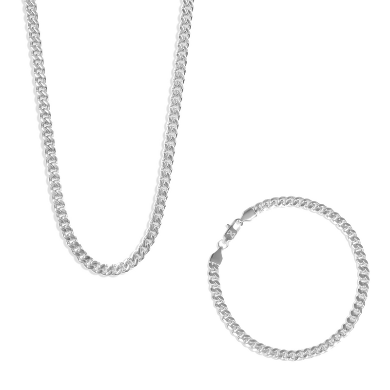 5mm Cuban Chain + Bracelet  Set - Silver