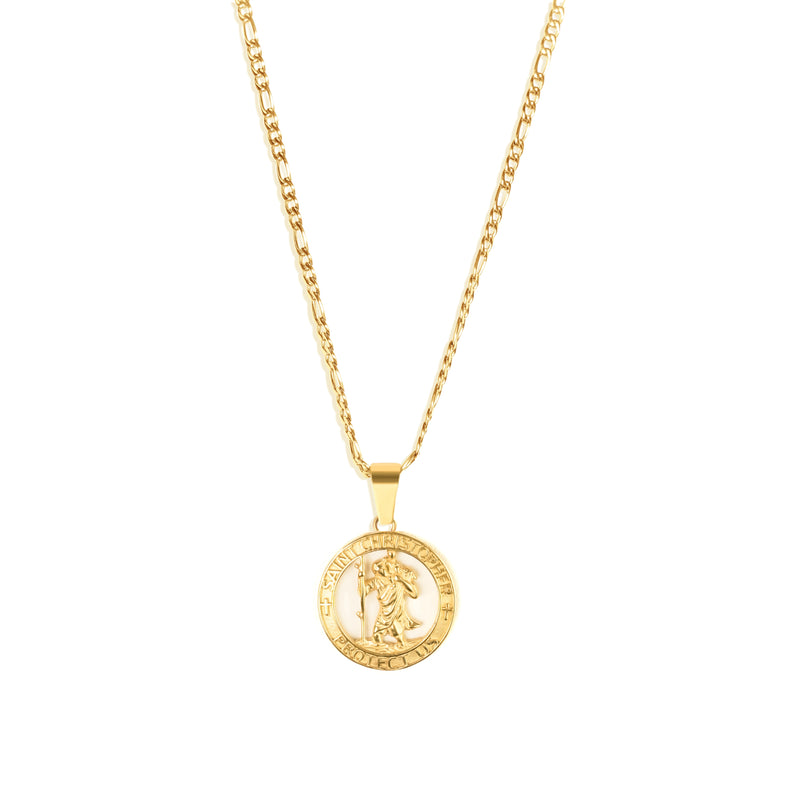 Saint Christopher Pendant & 3mm Figaro Chain - 18K Gold