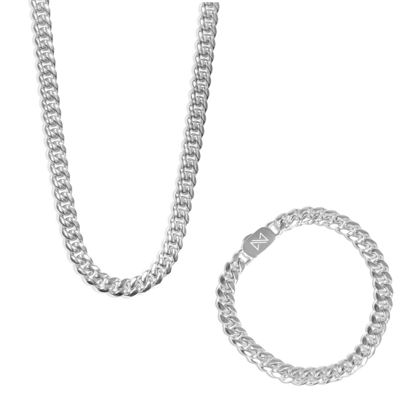 8mm Cuban Chain + Bracelet Set - Silver