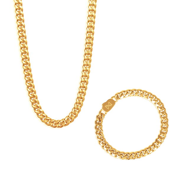 8mm Cuban Chain + Bracelet Set - 18K Gold