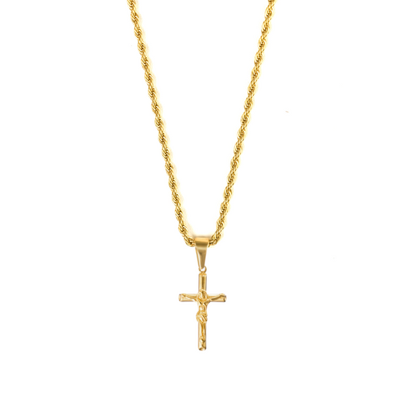 Crucifix Pendant & 3mm Rope Chain - 18K Gold
