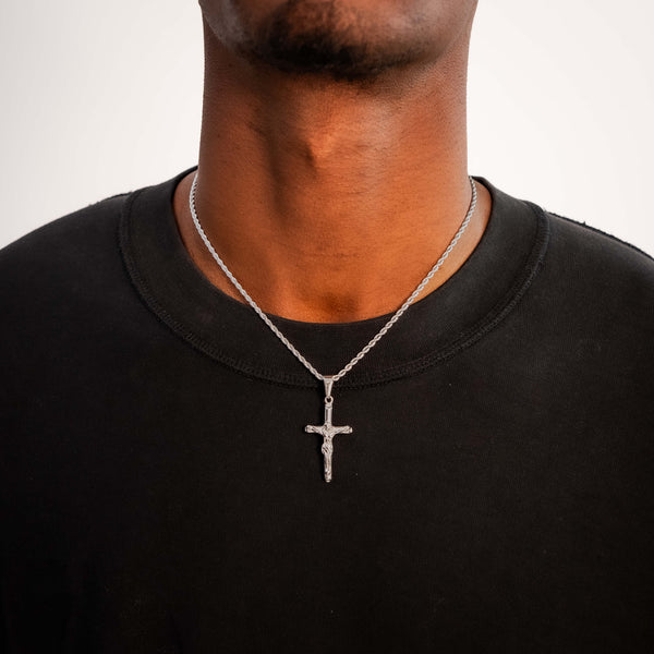 Crucifix Pendant & 3mm Rope Chain - Silver