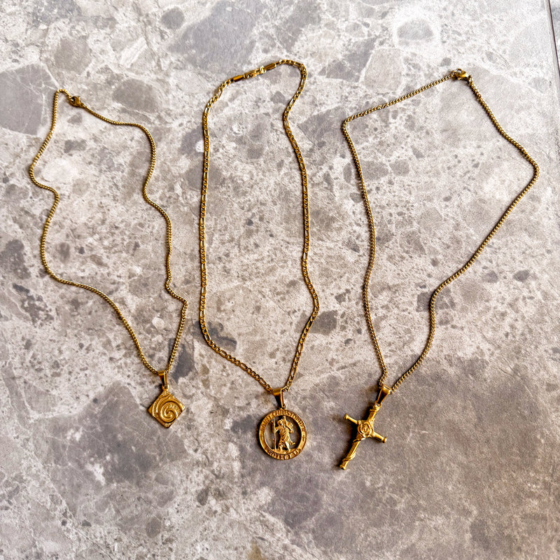 Rose Cross Pendant & 2mm Link Chain - 18K Gold