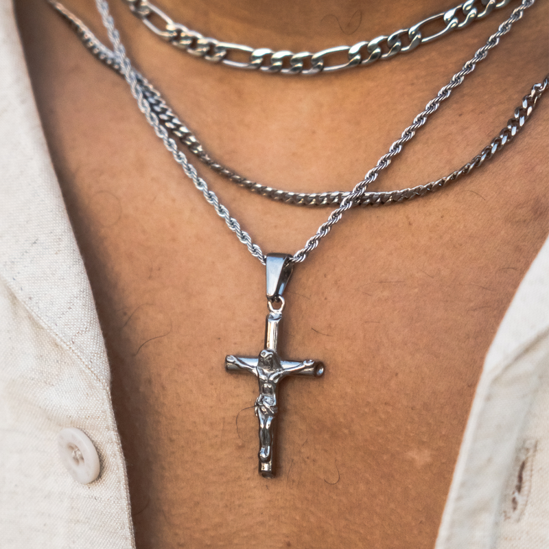 Crucifix Pendant & 3mm Rope Chain - Silver