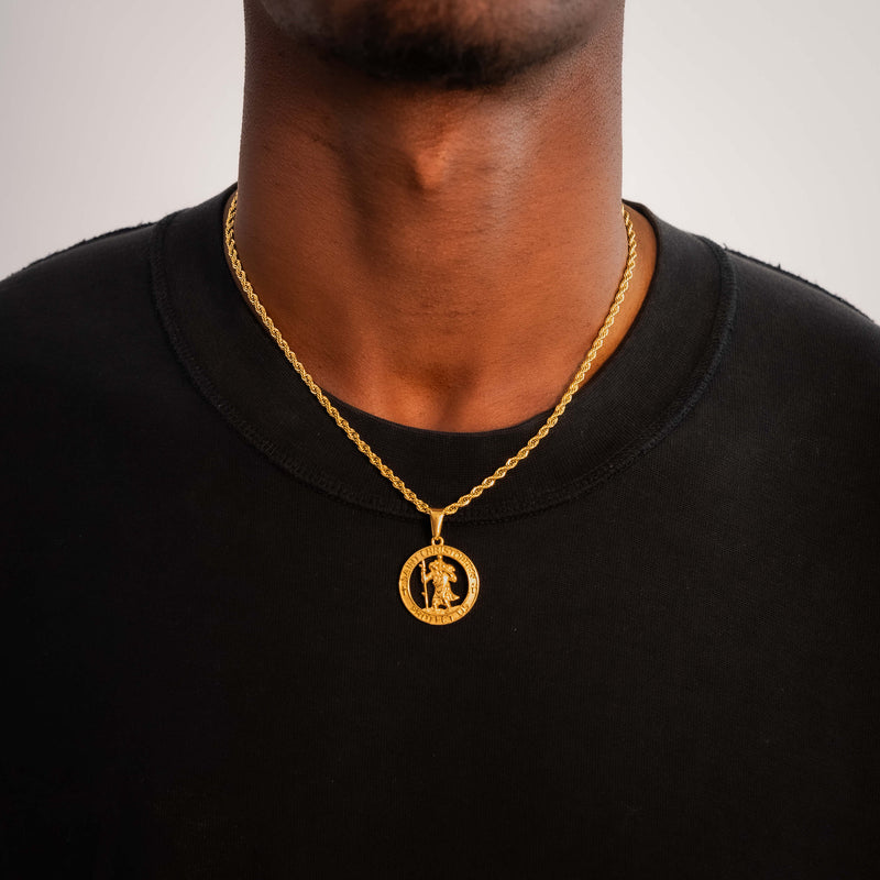 Saint Christopher Pendant & 3mm Rope Chain - 18K Gold