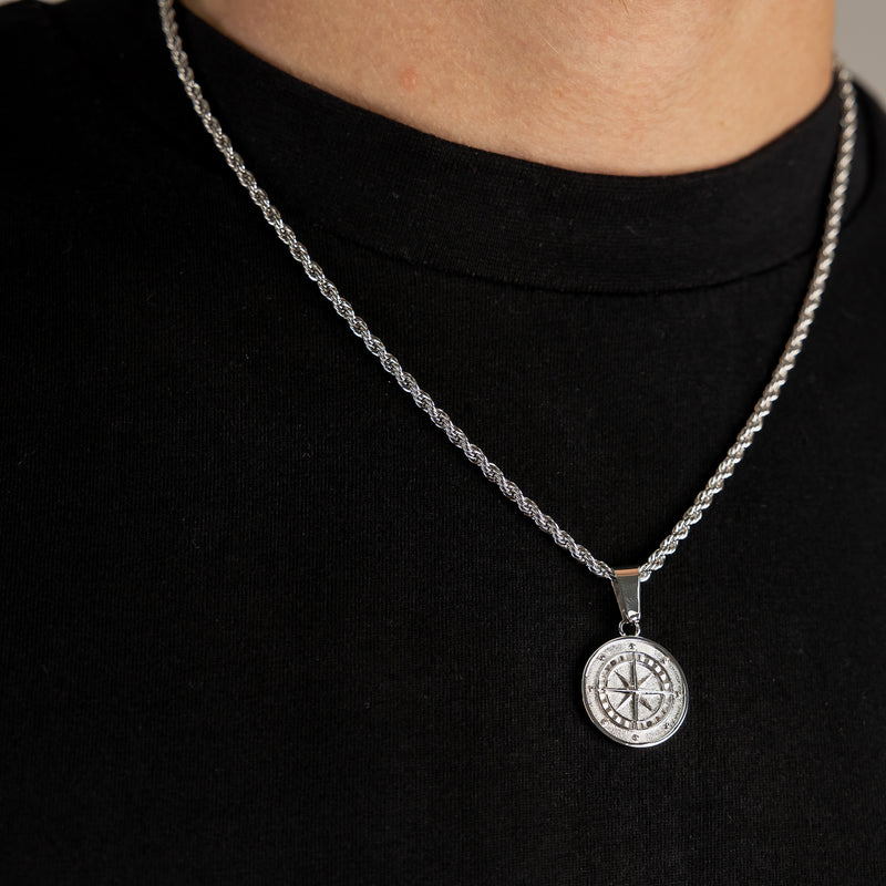 Compass Pendant & 3mm Rope Chain - Silver