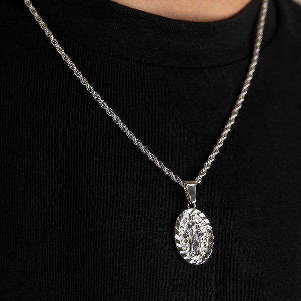Virgin Mary Pendant & 3mm Rope Chain - Silver